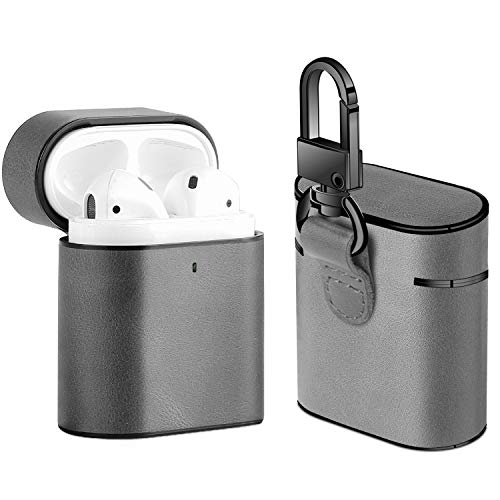 XGUO Schutzhülle für AirPods, echtes Leder, Kunststoff, tragbar, mit Metallverschluss und Lederband für Apple AirPods Ladehülle grau