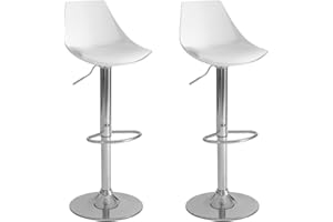 LOLAhome Set de 2 Taburetes Altos Cocina Giratorios en 360°, Juego de Sillas de Bar Regulables en Altura de 83 a 104 cm, con Respaldo, Material Polipiel, Estructura Metal y Reposapiés, Blancos