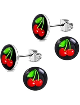 2 Paar Kirsche Ohrstecker Rockabilly Ohrringe Schwarz 10mm für Damen, Mädchen, Jugendliche