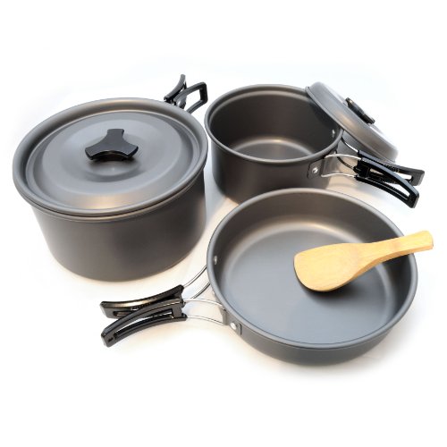 12 teiliges Camping-Geschirr aus leichtem und rostfreiem, eloxiertem Aluminium, Das Outdoor-Kochset besteht aus 2 Töpfen, ideal für 1-2 Personen, Geschirr-Set ideal als Outdoorausrüstung mit praktischen Kunststoff-Haltegriffen, Marke: GanzoO