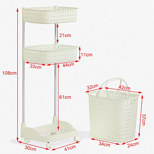 SoBuy Wäschewagen, Badregal, Aufbewahrungswagen, Wäschesammler, Wäschebox, Wäschekorb mit 3 Körben, FRG31-W - 4