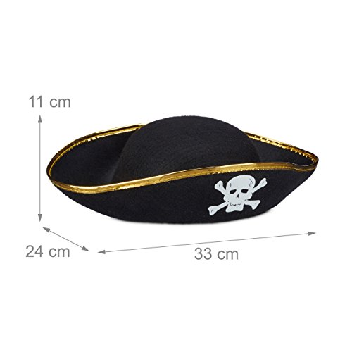 Relaxdays Piratenhut schwarz, Dreispitz, mit Totenkopf, Fasching, Karneval, Einheitsgröße, black - 2
