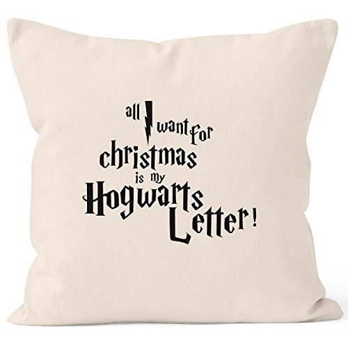 Kissenbezug All I want for Christmas is my Hogwarts Weihnachten letter Kissen-Hülle Deko-Kissen 40x40 Baumwolle MoonWorks® natur Pullover
