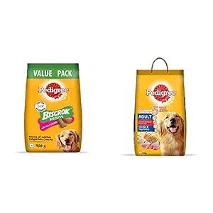 Pedigree Biscrok Biscuits (Above 4 Months), Milk and Chicken Flavor, 900g Pack & Adult Dry Dog Food , Chicken & Vegetables, 6kg Pack