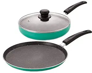 Nirlon Greenochef Granite 3-Piece Aluminium Non Stick Gas Compatible Pots & Pan Set [1 Flat Dosa Tawa 260mm|1 Fry Pan 240mm-1.9 Liter|1 Glass Lid]