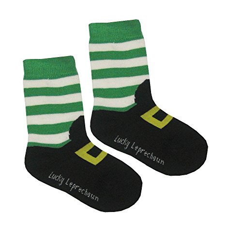 Kid's Socks with Leprechaun Foot Print, Black colour with Green and White Stripes