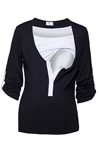 Happy Mama. Para Mujer Top Doble Capas Mangas Largas Enrolladas Lactancia. 161p (Negro & Blanco, EU 40/42, M)