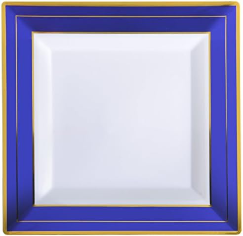 Square Splendor 5507-WH-BG 7.25" Square Dessert Plate with Cobalt Foil Rim Detail (12 Pack), White/Blue