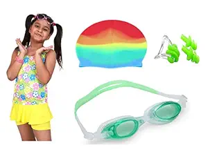 THE MORNING PLAY Premium Girls Swimming Kit with Swimming Costume Swimming Goggles Silicone Swimming Cap Ear Plug and Nose Plug