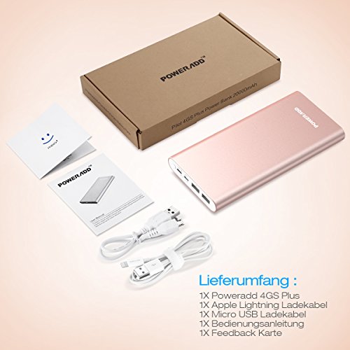 Poweradd 20000mAh Powerbank Externer Akku mit Micro USB und Lightning Eingang, 2 AusgÃ¤nge bietet jeden Anschluss Max. 3,0 Ampere Ladestrom fÃ¼r iPhone und Android Smartphones