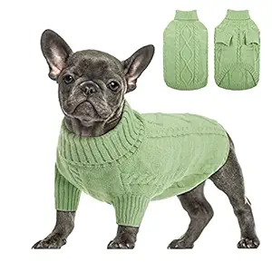 Queenmore Small Dog Pullover Sweater, Cold Weather Cable Knitwear, Classic Turtleneck Thick Warm Clothes for Chihuahua, Bulldog, Dachshund, Pug, Yorkie (Green, Small)