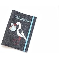 Mutterpasshülle aus anthrazitfarbenem Wollfilz bestickt mit Storch