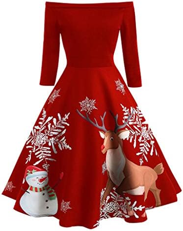 JUTOO Boat Neck Cocktail Party Swing DressSleeveless Christmas Snow Dress Party Cocktail DressWomen's Vintage Print Long Sleeve Christmas Evening Party Swing Dress