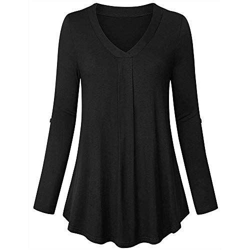 Preisvergleich Produktbild Langarmshirts Tops Damen Herbst JUSTSELL Frauen Einfarbig Bluse V-Ausschnitt Oberteile Tunika Shirt Falten Bluse Mit Knopfleiste Bluse Casual Damentops(S-5XL)