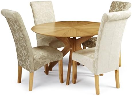 Ideal Dining Room Sets of Bexley Round Fixed Oak Table &amp; 4 Duck Egg Floral Kingston Chenille Fabric with Oak Leg Chairs for Modern Contemporary Stylish Kitchens &amp; Dining Rooms Seating up to 4