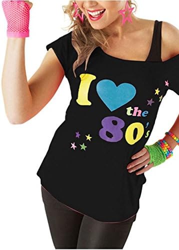 Deluxe I Love The 80's Ladies Pop Star T-Shirt Black Sexy Retro Top Fancy Dress Costume (14-16)