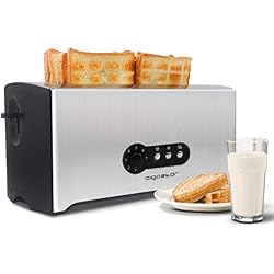 Aigostar Sunshine 30KDG - Grille-pain 2 fentes extra-longues et remontée extra-haute. 7 niveaux de brunissage et fonctions décongeler et réchauffer. 1600W, argent, acier inoxydable 0% BPA