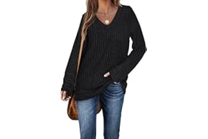 Aokosor Pullover Damen Lang V Ausschnitt Strickpullover Herbst Oberteile Elegant Oversize Leichte Langarmshirt LäSsige S-XXL