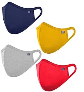 OCEAN RACE Cotton Anti Pollution 3 Layer Reuseable Face Mask (Navy Blue, Red, Yellow, Grey, Pack of 4, Without Valve) for Unisex