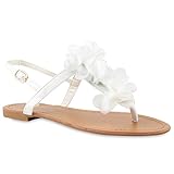  Damen Dianetten Blumen Sandalen Zehentrenner Sommer Flats Beach Zierperlen Schuhe 114995 Weiss 40 Flandell