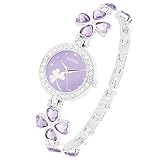 Taffstyle Damen Armbanduhr mit weißen Kristallen am Rand und Kleeblatt im Ziffernblatt - Silber / Lila