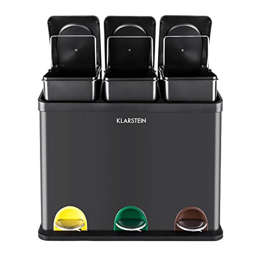 Klarstein Ökosystem Mülleimer Mülltrenner (3 x 15 Liter, 3-fach-Recycling, Fußpedal-Öffnung, farbliche Kennzeichnung der Pedale, Edelstahl) schwarz - 2