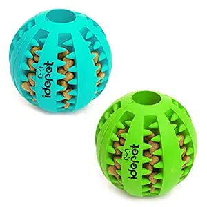 Idepet Dog Toy Ball, Nontoxic Bite Resistant Toy Ball for Pet Dogs Puppy Cat, Dog Pet Food Treat Feeder Chew Tooth Cleaning Ball Exercise Game IQ Training ball,2 Pack- Blue & Green