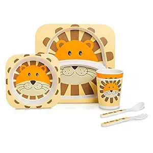 LuvLap Bamboo Baby Tableware Set, Eco Frinedly Bamboo Fiber Dinner Set for Weaning Toddelrs/Kids, Self Feeding Baby Utensil Set of 5 Pcs, Attractive Multicolor Cartoon Motifs (Lion)