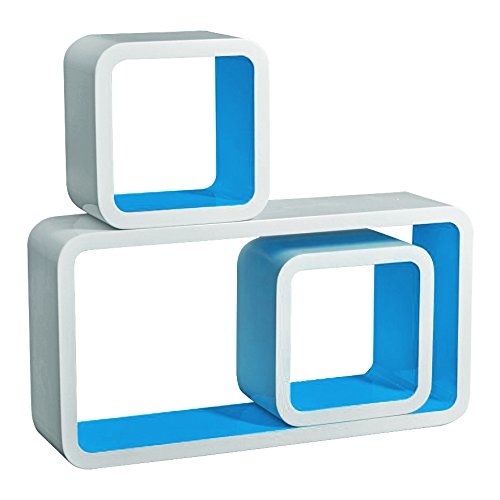 3er Set Wandregal Bücherregal, Cube Regal CD-regal, MDF Holz, Farben auswählbar, Weiß-Blau RG9229bl