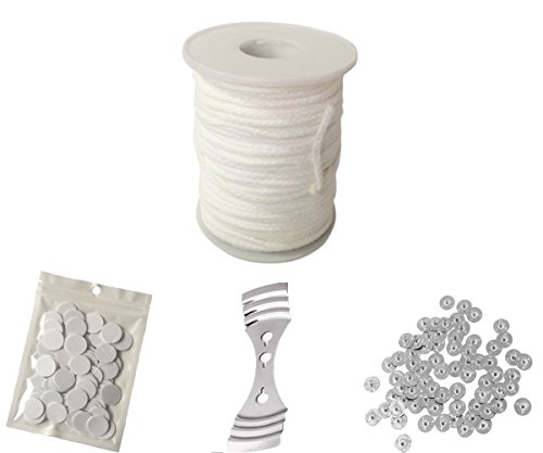 Homankit 61 m Kerzendocht Öllampendocht für Kerzenherstellung und Öllampe Kerze mit 100 Stück Kerze Docht Sustainer Tabs, 100 Wick Aufkleber und 1 Stück Edelstahl Unterstützung