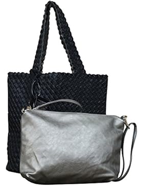 Damen Schultertasche Bag in Bag Wendetasche Beuteltasche Shopper Leder Optik geflochten zweifarbig