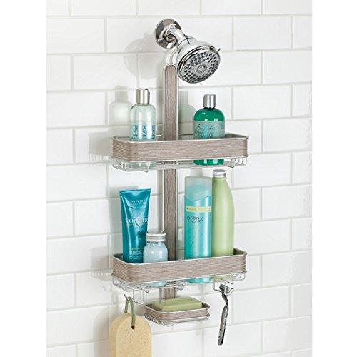 mDesign Hängeregal für die Dusche – Duschregal ohne Bohren – einfach einhängen – Duschkorb mit Ablagen und Haken für Shampoo, Conditioner, Seife etc. – satiniert/graues Holz - 2