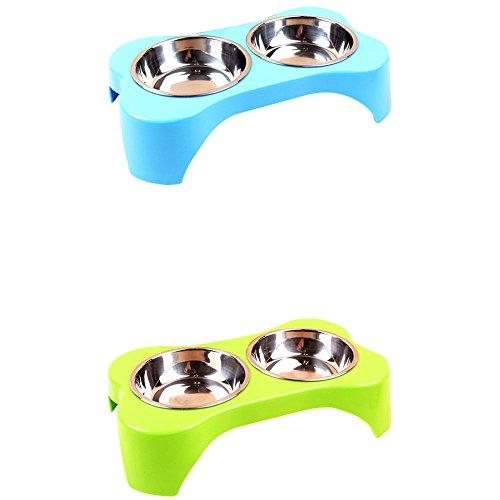 Togather-Stainless-Steel-Plastic-Rubber-Double-Bowl-Pet-Feeder-Rustic-Bone-Raised-Stand-Feeding-Tray-Food-Water-Bowls-for-Small-Dogs-and-Cats