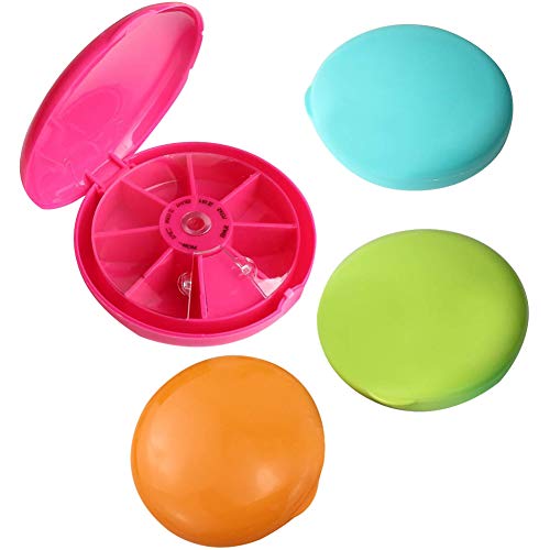BHAHAI 4 PCS Pill Box, Round Daily Pill Case 7 Day Medicine Pill Organiser Dispensers Weekly Pill Reminder With Clamshell & Spinning Open Design For Travel Drug Holder & Holding Pills