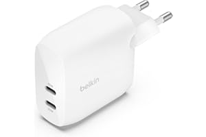 Belkin BoostCharge chargeur secteur deux ports USB-C avec PPS de 60 W, chargeur USB C pour iPhone 16, 15, iPad, Samsung Galaxy, Google Pixel, avec câble USB-C vers Lightning et USB-C vers USB-C