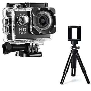 Dyno Combo Pack of 2 Items - 1080p Sports Waterproof Action Camera, Portable Tabletop Foldable Tripod Stand (1 Year Warranty)