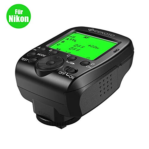 GEEKOTO Blitzauslöser für Nikon-Kameras, i-TTL 2.4G Funk-Blitzsender-Kit mit LCD-Display, High-Speed 1/8000s, Mehrfach Anpassbaren Funktionen, 4 Gruppen und 16 Kanälen
