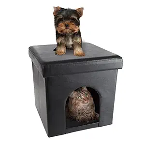 PETMAKER Pet House Ottoman- Collapsible Multipurpose Cat or Small Dog Bed Cube & Footrest with Cushion Top & Interior Pillow by (Faux Leather)