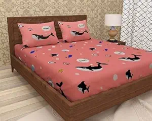 TIB Kids 130 GSM Polycotton Printed Double Bedsheets with 2 Pillow Covers (Peach, King)