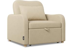 Nalui-Sofá Cama 1 Plaza 3 en 1 Buddy 92x97x90cm con Respaldo Ajustable 2 Posiciones y Almohada. Sofá Cama Individual de Lino, Soporta hasta 200Kg. Sillón Relax Reclinable con Reposabrazos, Beige