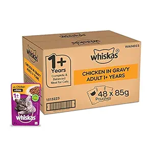 Whiskas Wet Cat Food for Adult Cats (1+Years), Chicken in Gravy Flavour, 48 Pouches (48 x 85g)