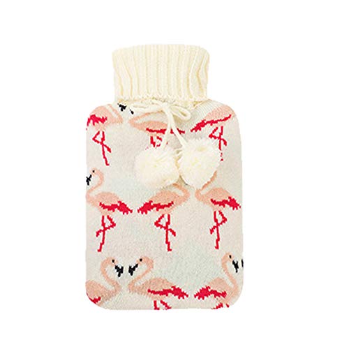 Preisvergleich Produktbild Trayosin Wärmflasche mit Strickbezug Wärmflaschen Bezug Strick (Weißer Flamingo, 1.7L)