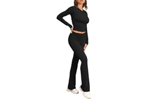 Famulily Women's Tracksuit Two Piece Outfit Skims Dupe Long Sleeve Fold-over Crop Top and Low Rise Flare Pants Set Lounge Sets S-L