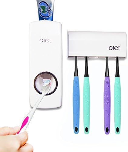 Potentcera Automatic Toothpaste Dispenser 5 Toothbrush Holder Set Dust-proof Wall Mounted with Super Sticky Kids Hands Free Toothpaste Squeezer for Family Washroom bathroom（white）