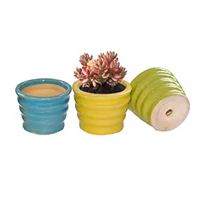TGC Handcrafted Tiny Corner V Ceramic Pots for Plants (Green) - Set of 3