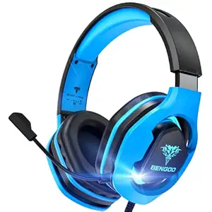 BENGOO G9500 Gaming Headset Headphones for PS4, Xbox One, PC Controller, Over Ear Headphones with 720?Noise Cancelling Mic, LED Light, Adjustable Soft Memory Earmuffs for Laptop Nintendo Switch - Blue