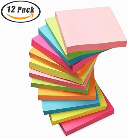 Sticky Notes Pads, Self-Stick Notes 3 X 3 inches Notepad Memo Stickers 6 Neon Assorted Color Easy Paste Self-Adhesive Paper Notes - 12 Pack / 100 Sheets per Pad/Cube