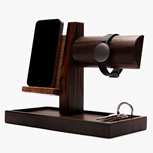 Handmade Wooden iPhone/Android Docking Station, Idea Birthday Gifts For Men, Dalbergia Latifolia Redwood Universal Cell Phone Stand Smart Watch Keychain Wallet Docking Station