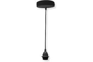 HALOTEC Portalámparas E27 Negro Metal Para Lámparas Colgantes Techo | Con Florón y Cable Textil 1m | Arandela Sujeción Para Pantalla | Ideal Iluminación Decorativa Hogar, Oficinas, Espacios Modernos