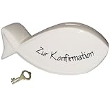 Spardose - Fisch Ichthys / " Konfirmation " - mit Schlüssel & Schloss - stabile Sparbüchse aus Porzellan / Keramik - Sparschwein - lustig witzig - stabile Sparbüchse - evangelische Kirche / Christen / Christus - Deko - Dekoration - Sparschwein - Kinder - Mädchen & Jungen - Konfirmand